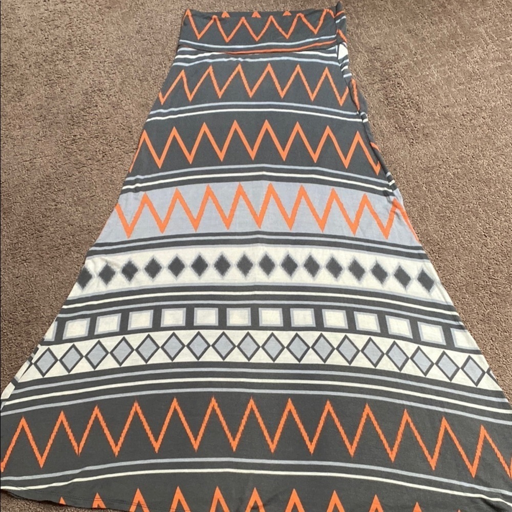 Vintage Orange and Gray A-Line Maxi Skirt with Geometric Design Hippie Boho Fall